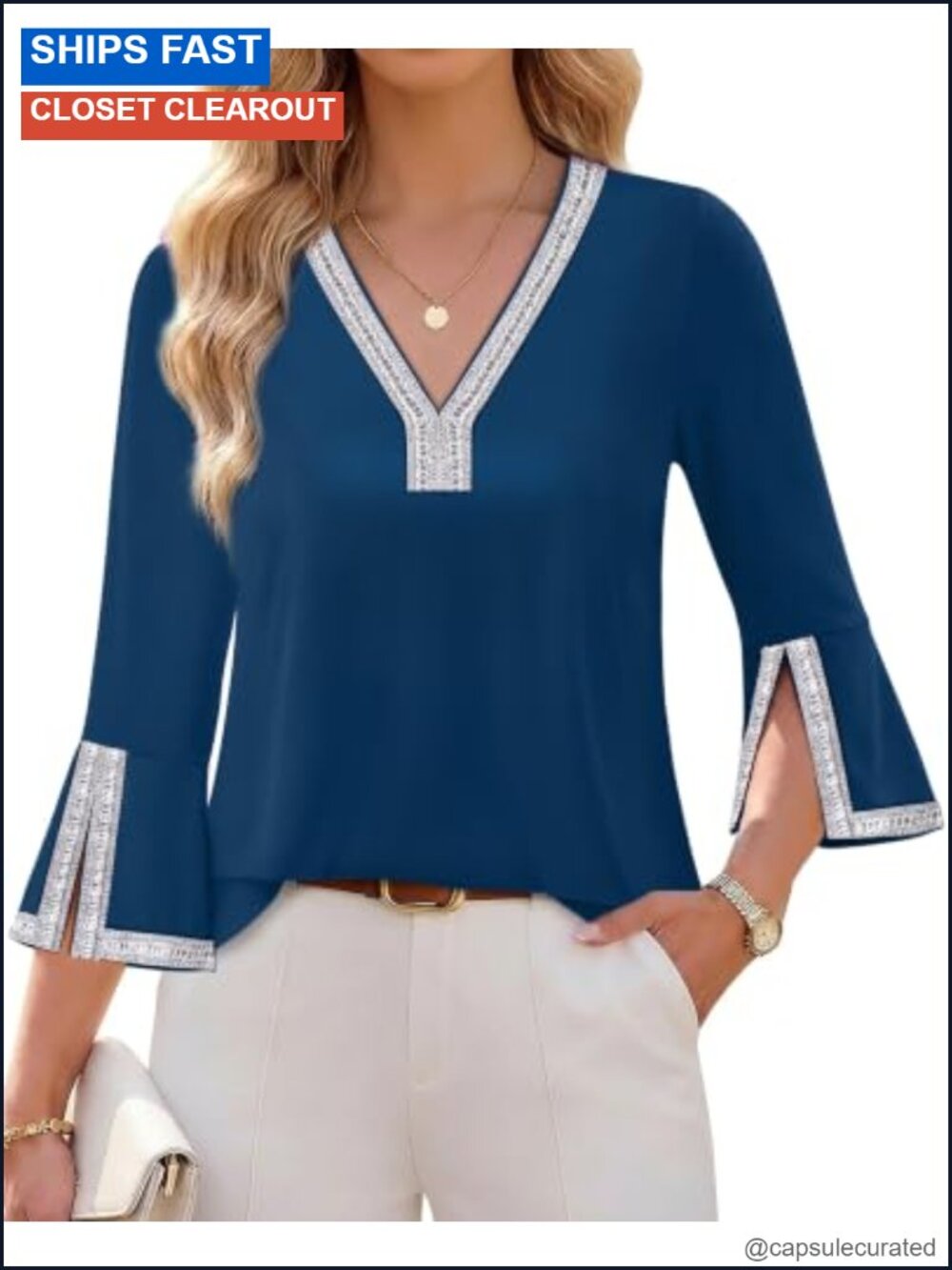 Women's 3/4 Sleeve Sparkle Trim Tunic Dressy Casual Blouse V-Neck Relaxed Fit